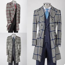 One Piece Houndstooth Mannen Past Moderne Formele Bruiloft Tuxedos Aangepaste Fit Double Breasted revers Long Party Coat Casual Outfit