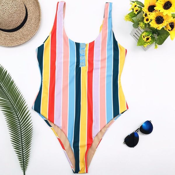 Traje de baño de una pieza con rayas de arcoíris para mujer, traje de baño Retro con botones de corte bajo, Monokini de realce, traje de baño de verano, traje de baño tropical T200708