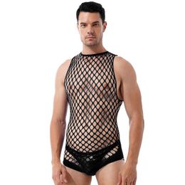 One-Piece Suits Mens See-Through Surfed Lingerie Bodysuits Holle Fishnet BodyStockings Halter Hals Mouwloos Stretchy Nightwear