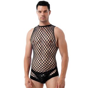 Trajes de una pieza para hombre Body de lencería con red transparente Bodys de rejilla ahuecados Cuello halter Sin mangas Ropa de dormir elástica