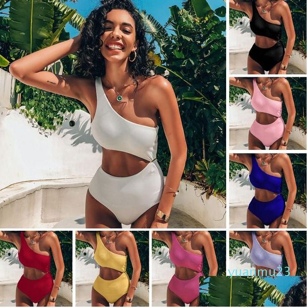 Costumes d'une seule pièce Nouveau maillot de bain Europe et États-Unis Y Bikini Dames One-Shoder Taille haute Couleur Solide Drop Livraison Sports Outdo