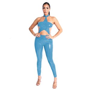 Une Pièce Wetlook Cuir Pvc Sexy Halter Étoile Forme Sans Manches Dos Nu Catsuit Club Dames Crayon Pantalon Barboteuses Femmes SalopetteCostumes Anime