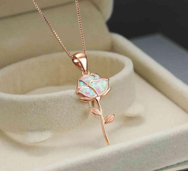 Collar con colgante de flor de oro rosa y ópalo blanco de una pieza para mujer, cadena de caja romántica francesa, joyería para el cuello de boda, regalo 8121373