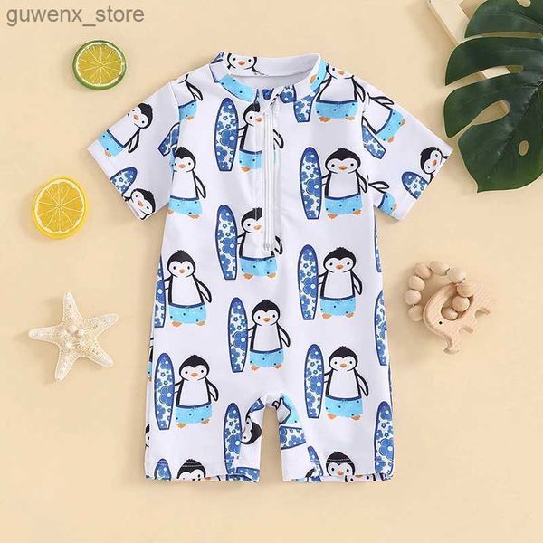 One-pièces 0-3t Baby Boys Swimsuit Dinosaur Print Malf Zip Up Up Round Cou Short Rash Gard Guard Swimwear Baking Bathing Fissure Y240412