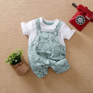 Één-stuks 018 Baby jumpsuit cartoon schouderband olifant katoen comfortabel en zachte jongen en meisje zomer korte mouwen pasgeboren kleding