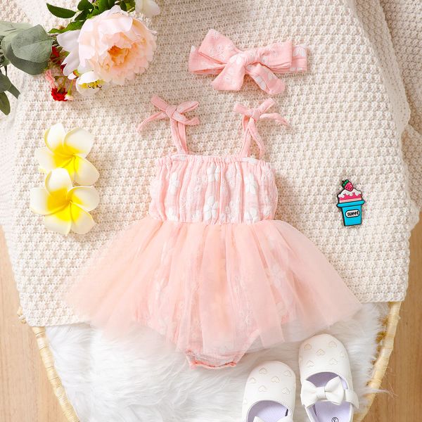 One-pièces 018 mois nouveau-né de bébé vêtements bébé fille roberie rose robe robe robe tulle tulle avec tenue de bande