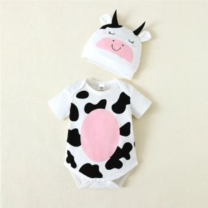 One-pièces 09 mois nouveau-né bébé garçon et fille robeper mignon motif de vache body à manches courtes avec chapeau