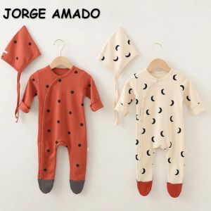 One-Pieces 2021 Nieuwe herfst Baby jongens meisjes romper cartoon maan katoen dot olijf bodysuit met cap kids jumpsuit pasgeboren kleding e1404