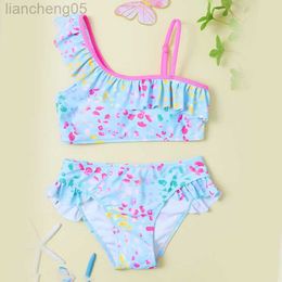 Maillot de bain une pièce 2022 fille maillot de bain deux pièces pour enfants pétales roses maillot de bain style épaule inclinée nouveau mignon 2022 ensemble bikini W0310