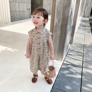 One-Pieces 2023 Summer Girls Jumpsuit Version coréenne de Cotton Baby Long Ramber Middle and Small Children's's Casual Nevelless Clothing