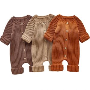 Één-stuks 2024 Autumn Baby Romper gebreide pasgeboren meisjes jongens jumpsuit outfit solide peuter kinderen onesies kleding met lange mouw één stuk