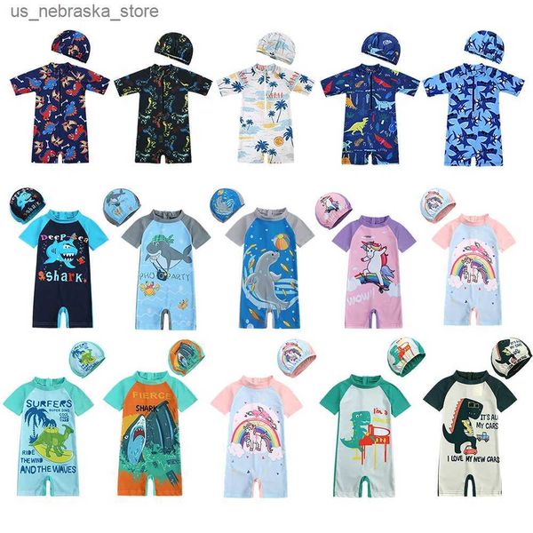 One-pièces 2024 Bébé garçons and girls 2 Summer Beach Swimwwear Printed Cartoon Hat + Vêtements serrés ensembles de maillots de bain pour jeunes coréens Q240418