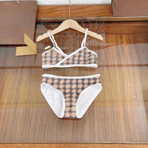 One-pièces 23ss maillot de bain deux pièces enfants filles maillots de bain concepteur été treillis imprimé pur coton filles maillot de bain plage bikinis enfants swimw