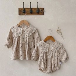 Één-stuks 2882B Zuster Kleding Girl's Lace Collar Jumpsuit of Dress Autumn 2022 Nieuwe Baby Floral Long Sleeve One Piece kledingjurk