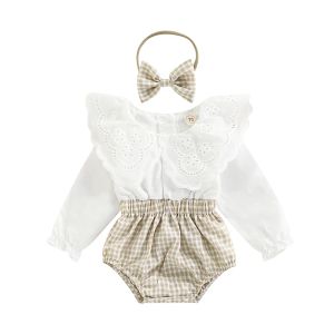 Één-stuks 2 stks Baby Girl Fall Outfit, plaid patchwork Lace Doll Collar lange mouw Romper + haarbandset voor zuigelingen, 018 maanden