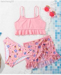 Één-stuks 3 pc's Summer Falbala Girls Kids Swimsuit Lace Deco Print Child Kids Bikini Set 2022 Baby Girl Swimwear Bathing Rok Come W0310
