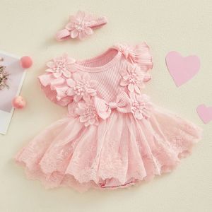 One-pièces 3d fleur d'été bébé filles roberie princesse maillage nouveau-né dentelle patchwork robe robe bodys couleb bandeau