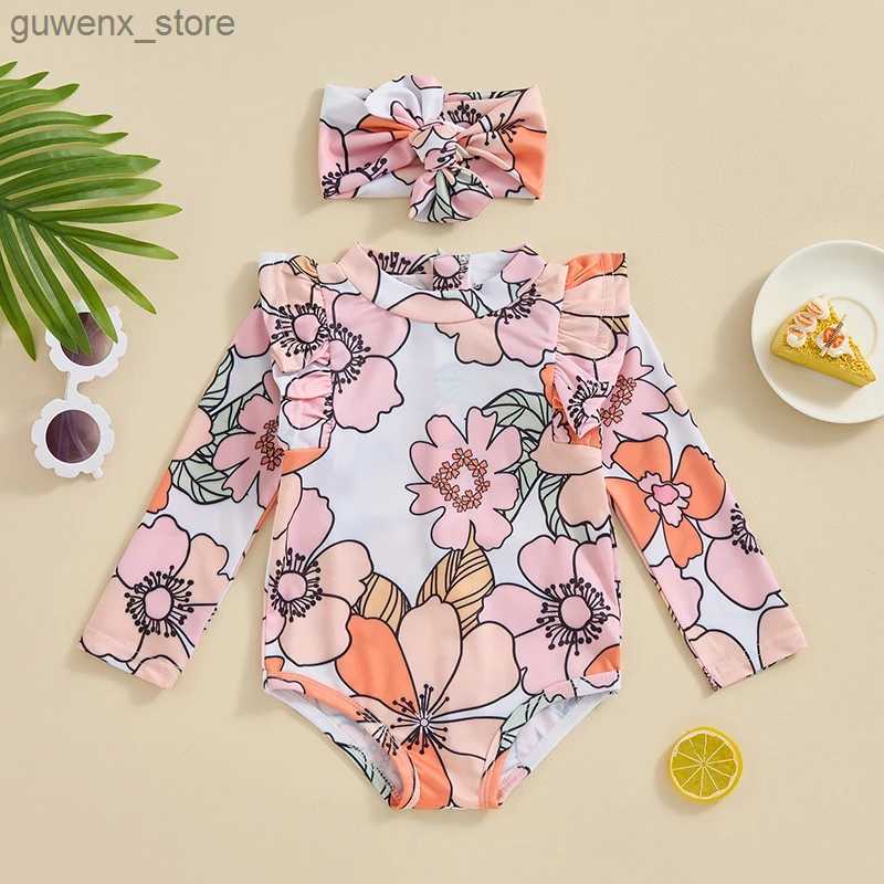 One-Pieces 3M-3T Toddler Girl Rash Guard Swimsuit Ruffle Long Sleeve Floral Bathing Suit Infant Swimwear with Headband Y240412