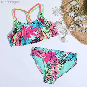 Eén-stuks 4-18 jaar Flounce Girl Swimsuit Kids Tropical Floral Two Piece Children's Swimwear Crochet Strap Bikini Set Girls Bathing Suits W0310