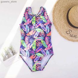 Une piezas 5-14 años de hojas impresas niñas de una pieza Swimsuit Summer Beach Girl Monokini Monokini Estudiantes Adolescentes Traje de baño de baño Y240412