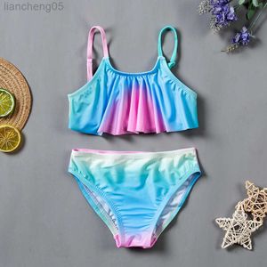 Eén-stuks 5-14-jarige zwempak voor meisjes 2021 Nieuwe mode Swimwear Tweede stuk Rainbow Bikini Swimini Swimwear Set Kids Bathing Suit Children W0310