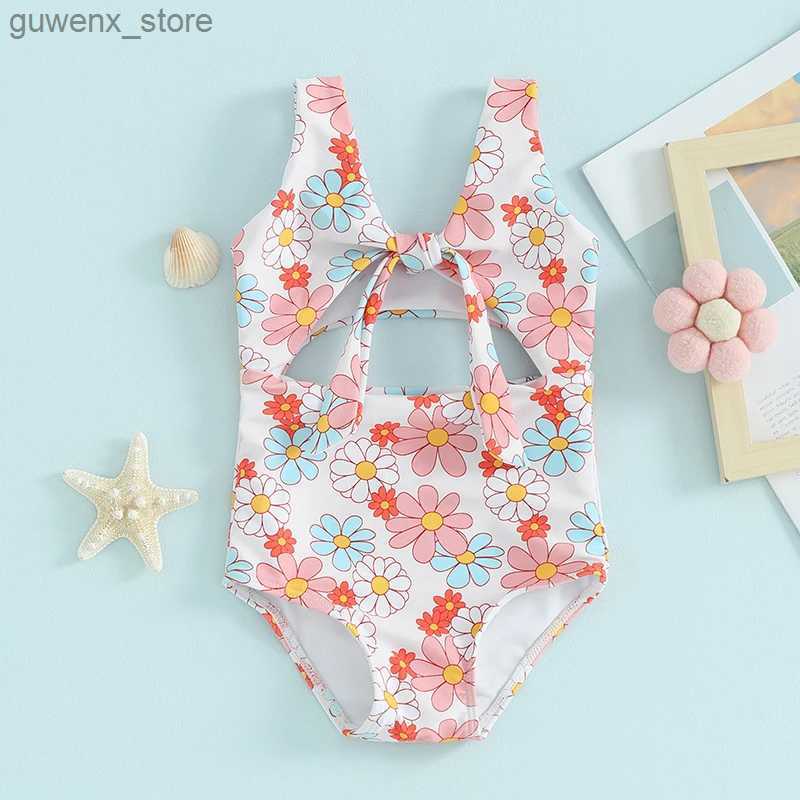 One-Pieces 6M-3T Baby Girl Swimsuits Summer Floral Print Knotted Cutout Sleeveless Jumpsuit for Toddler Bathing Suits Beachwear Y240412