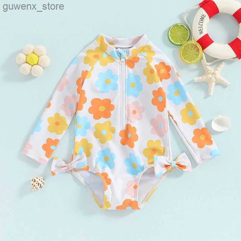 One-Pieces 6M-3T Toddler Girls Rash Guard Swimsuit Rompers Long Sleeve Flower//Ice Print Baby Bowknot Bathing Suit Swimwear Y240412