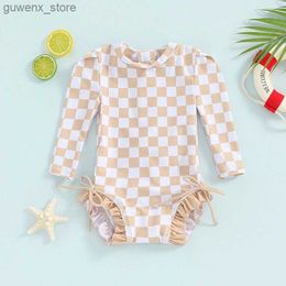 Één-stuks 6M-4T Girls Bikini Beach Swimsuit Swimsuit Lange mouwen Camboard Lace Gedrukte ruche rand Swimsuit Y240412