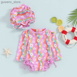 One Pieces 6M-4T Girls Blue Bikini Beach Beint Swimsuit de manga larga Flower Flower Rainbow Caplé Swimsuit+Hat Y240412