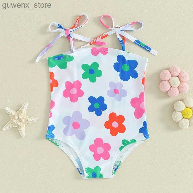 One-Pieces 6M-4T Toddler Baby Girl Swimsuit Sleeveless Square Neck Flower Print Tie Up Bathing Suit Summer Beach Wear Y240412