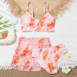 One-Pieces 8-14y Girls Summer Swimwear 2023 Nieuwe mode schattige Crisscross Tie Dyeing Printing Bloemprint driedelige zwempak badpak
