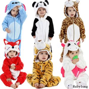 One-pièces Baby Boys Girls Romper Flannel Long Stitch Panda Unicorn Cartoon Jumps Animal Animal Bompers Winter NOUVEAU PAJAMAS