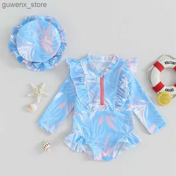 Uno de una niña Baby Girl Tuit de 2 piezas Set de cuello redondo de manga larga con cremallera Swimsuit + 3d Bow Swim Hat infante