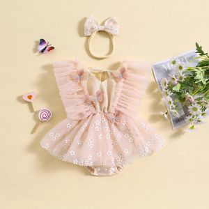 Één-stuks babymeisjes 2 stks zomerse mesh bodysuits jurk pasgeboren outfits mouwloze 3d vlinder bloemen tutu jumpsuit hoofdband rompers set