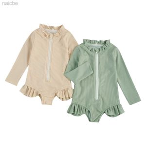 Une pièce Bébé filles à volants à manches longues une pièce maillot de bain côtelé couleur unie à volants fermeture éclair Rash Guard maillot de bain maillot de bain 1-5Y 24327