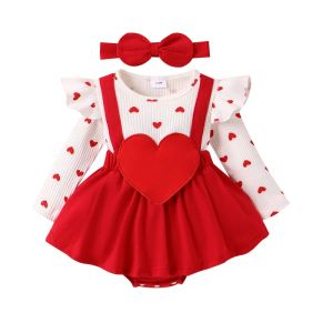 One-Pieces Baby Girls Saint Valentin Rober Rober à manches longues Ruffle Heart Letter Imprimer Romper avec bandeau