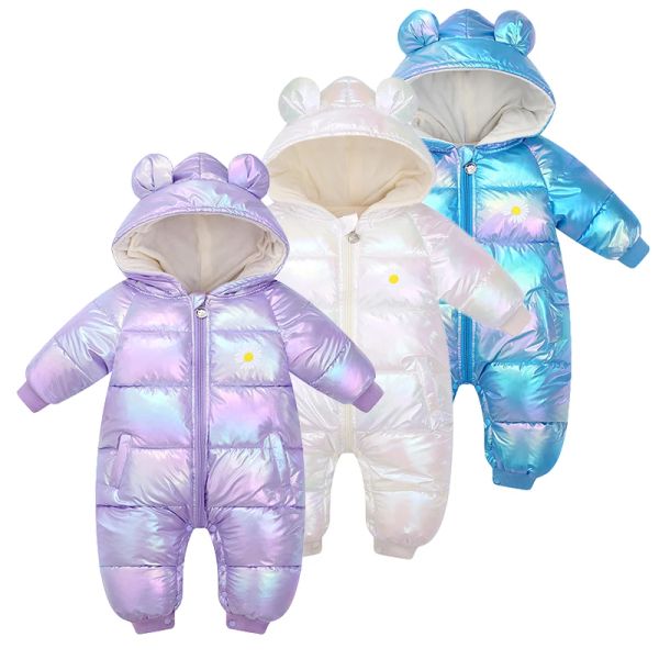 Pelillas Baby Girls Winter Mompers New Plus Jumpsuits de terciopelo dibujos animados con capucha brillante impermeabilizando el traje de nieve de los recién nacidos para niños pequeños