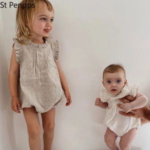 Één-stuks baby romper pak nieuwe pure kleur mouwloze klimklimkleding kan kant ademende linnen kledingstuk meisje kinderkleding