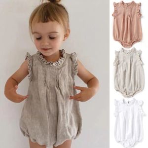 One-pièces Vêtements de bébé pour nouveau-nés fille nourrisson sans manchette sans manches vintage Ruffles Jumps combinaison Bodys Cotton Linen Rompers Greny 18M