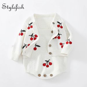 Costume de bébé à une seule pièce 02 ans Bébé filles charmantes et douces cerises brodées veste à longsie + ha jupe simple