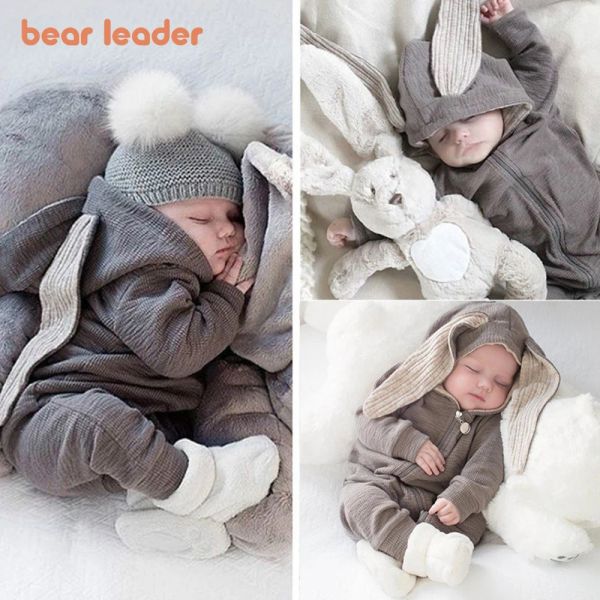One-Pieces Bear Leader Boys Vêtements à manches longues Baby Children's Big Ears Rabbit Bodys Fille Bébé Hooded Zipper Creeper Romper