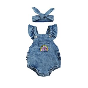 Een stuk ademende babymeisjes outfit, baby zomers creatief regenboog borduurwerk vlieg mouw kanten decoratie denim romper + headdekweerset