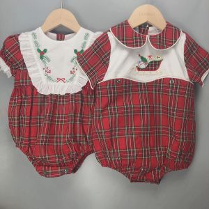 One-Pieces Enfants Boutique Vêtements Baby Girl Boy Plaid Red Red British Sied Sleeves Bubble Rompers Christmas Twin Frères