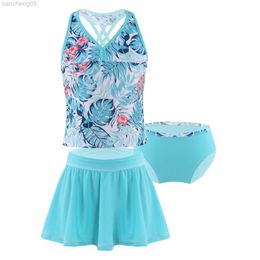 Één-stuks kinderen zomer zwempak mouwloze spaghetti-riemen top met slips en rok 3 stcs set meisje strand bikini badmode badkleding pakken w0310