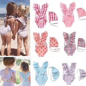 Één-stuks kinderen badkleding retro gestreepte een stuk meisjes zwempak met hoed 2 ~ 8y peuter babymeisjes badmode badkleding voor kinderen strand slijtage w0310