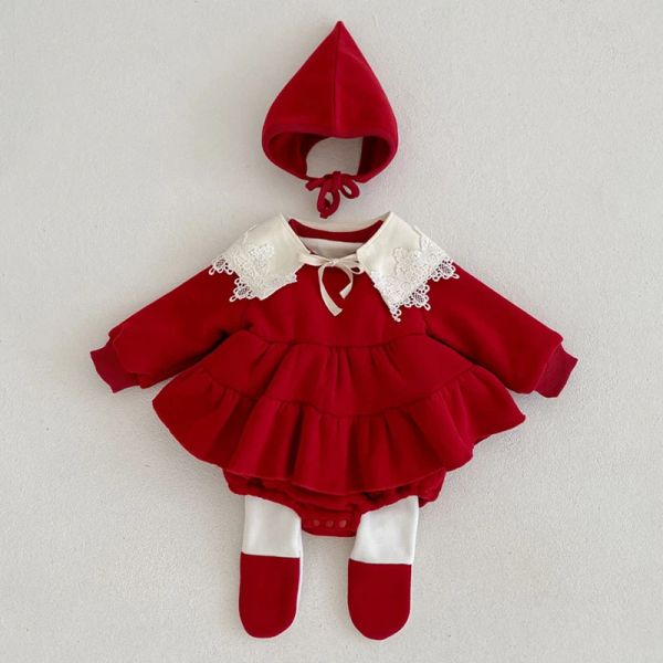 One-pièces Christmas Rouge nouveau-né bébé fille Bodys Bodys Automne Hiver épaississement des combinaisons avec des chapeaux pour les vêtements pour enfants nourrissants