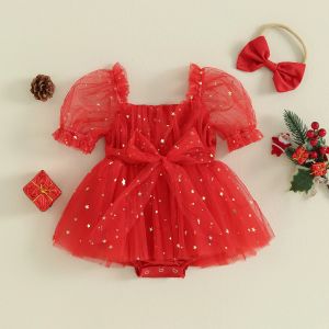 Één-stuks Citgeett Summer Christmas Infant Baby Girls Outfits Korte puff mouw Bodysuit Tulle-jurk + Hoofdbandset Rode Xmas Kleding