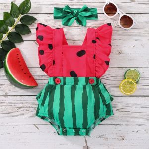 Één-stuks Citgeett Summer Infant pasgeboren babymeisjes jongens BodySuit Outfits Watermeloen print vlieghuppressuiting hoofdbanddekte