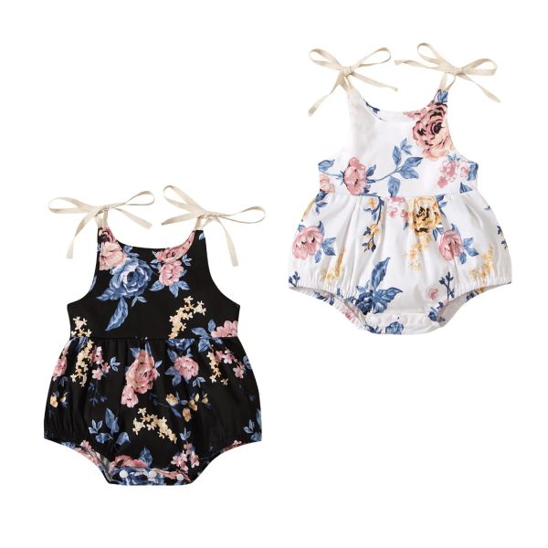 One-Pieces Citgeett Summer Toddler bébé fille imprimé floral Bows Spaghetti Bodys Infant Jumps Suit sans manches tenue noire / blanc