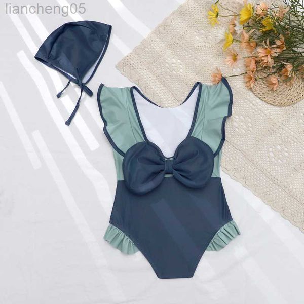 One-Pieces Mignon Grand Arc Bébé Fille Maillots De Bain avec Chapeau Macaron Solide Couleur Enfants One Piece Filles Maillots De Bain 2-8Y W0310